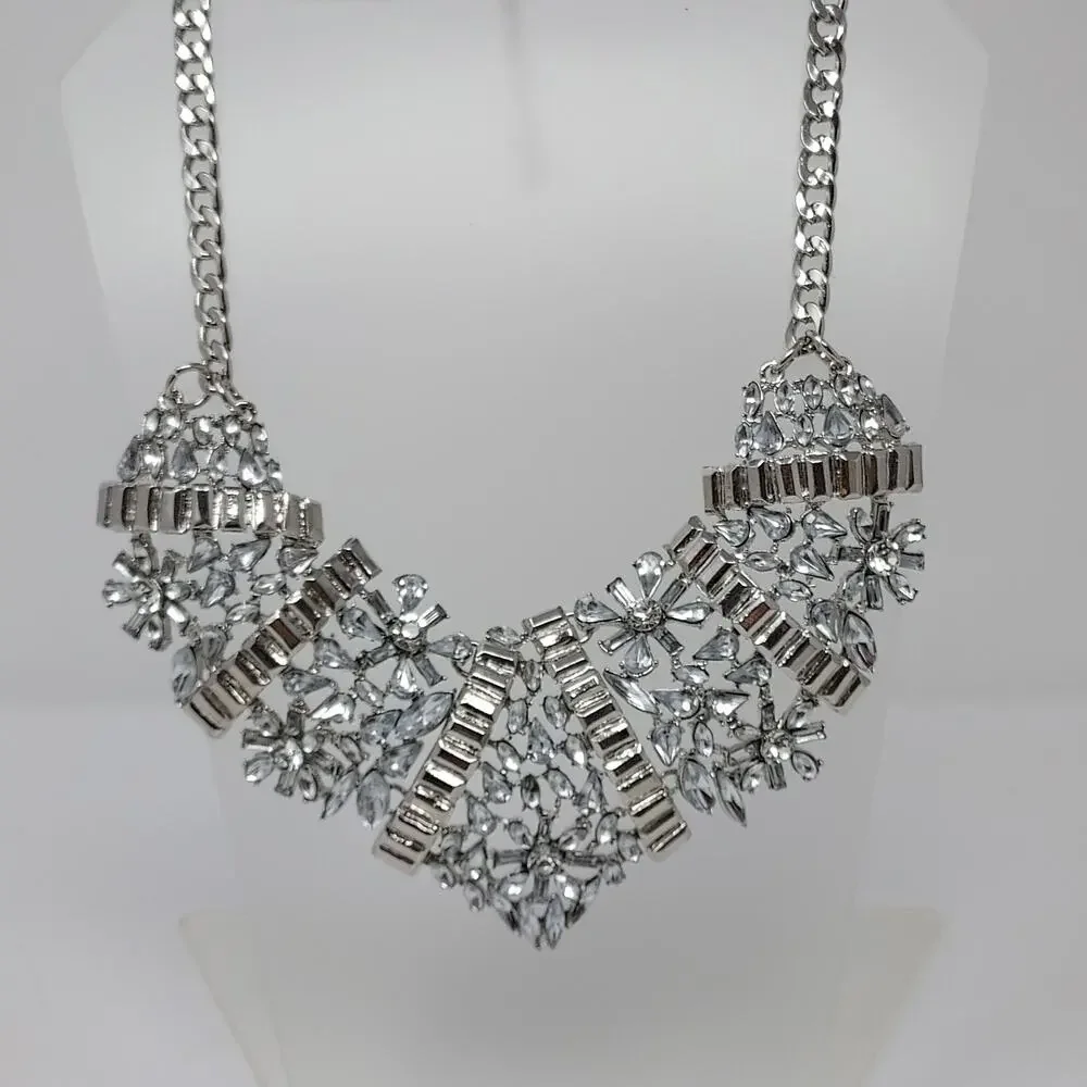 Rhinestone Statement Necklace Floral Large Heavy Bib Collar Silver Tone 3